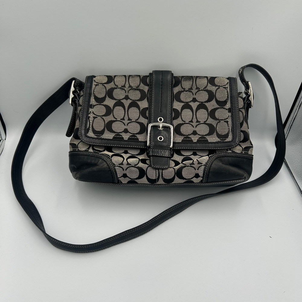 Coach Soho Flap Crossbody Bag Womens Medium Black Signature Canvas F12641